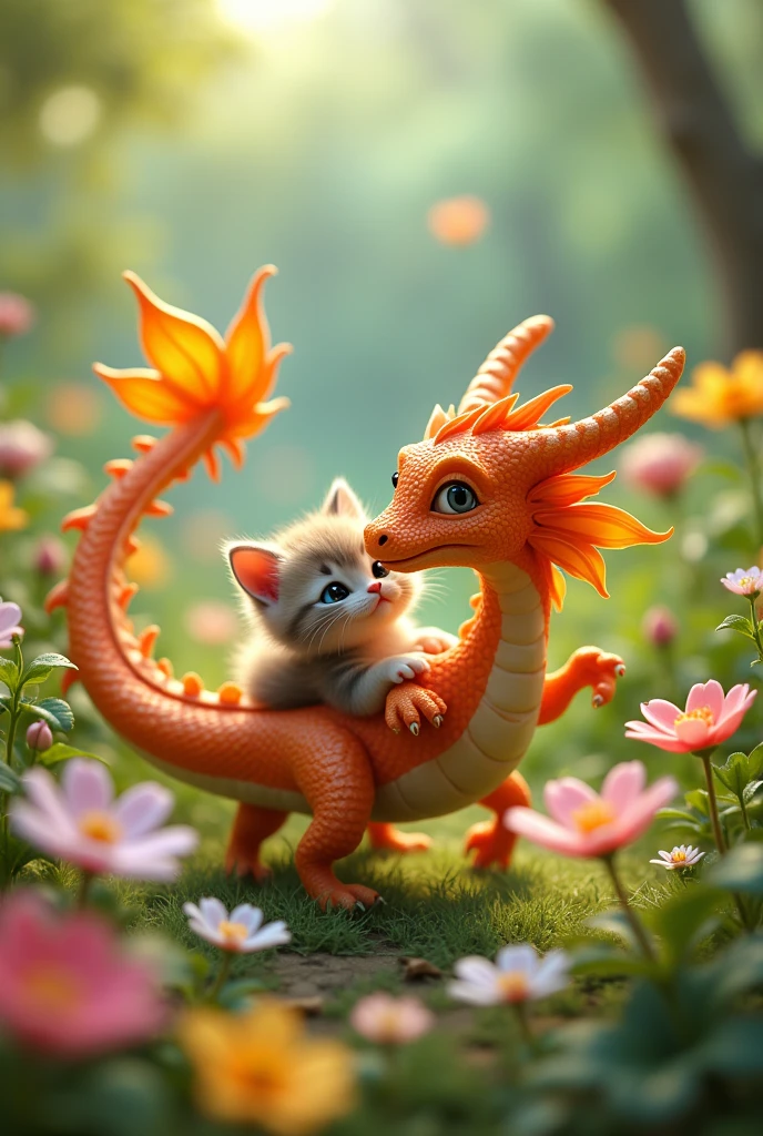Video dragon dancing , crazy, around the natural scenery flowers and leaves very detailed, little dragon kisses happy kitten on the forehead