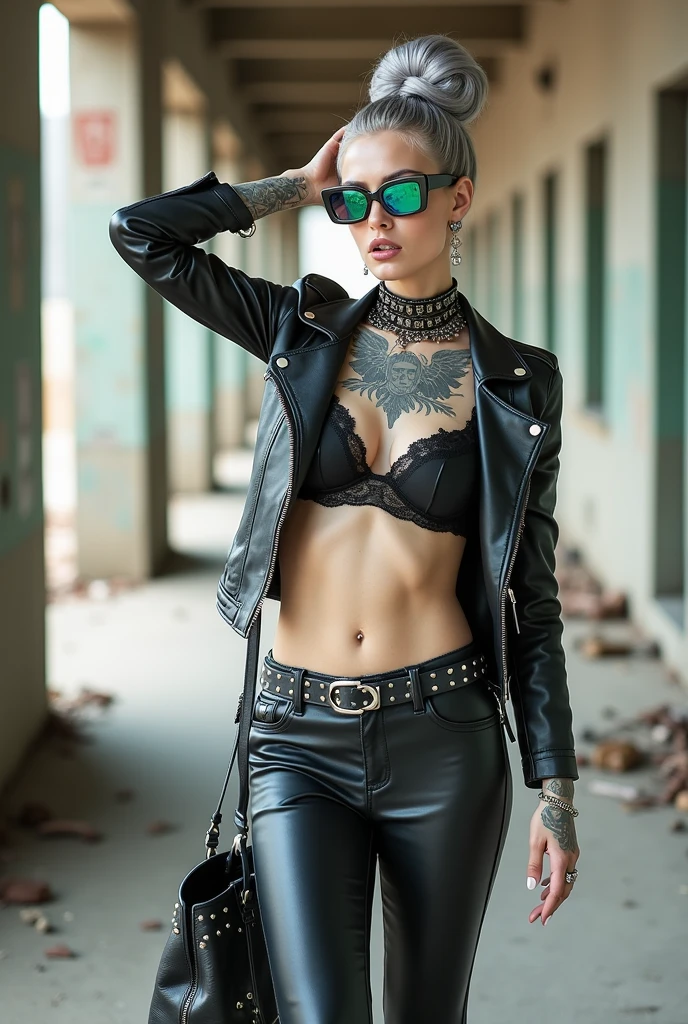 russian woman, grey hair (bouffant, top bun) and oversized square sunglasses and wide colourful bandana as headband, with very light green eyes, extremely pale. Big lips. Black lace push up bra, silicone breaight skinny black low rise leather jeans. Wears cropped moto jacket.Flip flopsts of thick wide studded bracelets, chain collars and big rings,. Two loose studded belts,. Long earrings with chains and feathers. Standing up on the street, stretching her neck and looking up in surprise, craving., Mouth half open, confused. Neck, chest, stomach and wrists heavily tattoed. Toned abdominals, thin neck, slim legs and thin arms. Narrow hips. Full body. Studded black leather tote bag hanging low from her shoulder. At a long narrow corridor with natural light. In a junkyard