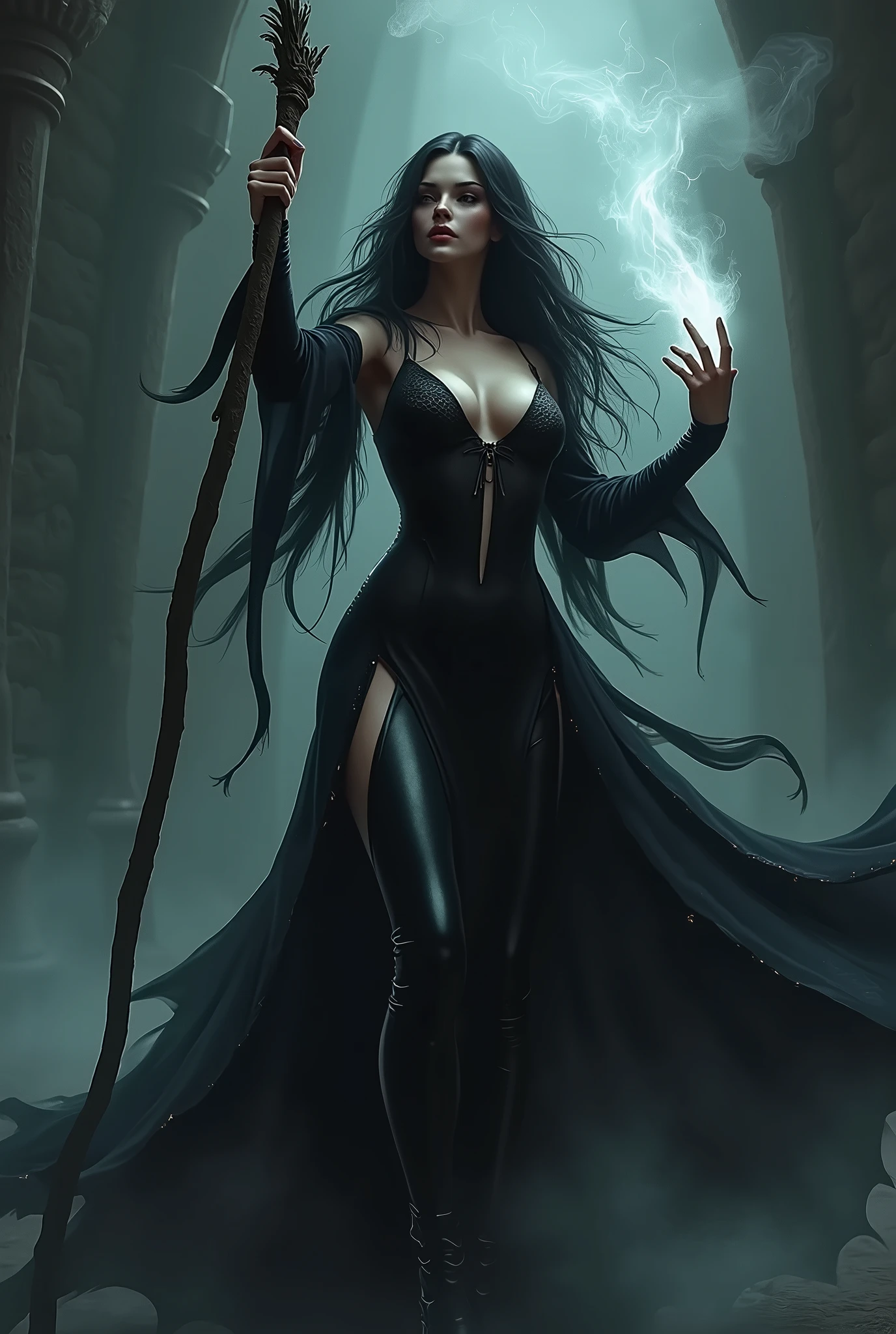(masterpiece, photorealistic:1.4, extremely intricate:1.3), (photon mapping, radiosity, physically based rendering, ultra resolution, hyper-realistic, photorealistic:1.4, hyper-realistic, 8K), (((glossblack hair, buxom Sylph, large breasts))) purple black sorceress, staff raised, shadow power