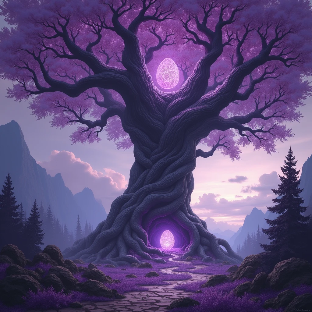 A terrifying, majestic, and ancient tree. Its branches hang down to the ground. Dragon eggs are nestled in its branches. The tree's leaves and the forest are purple. DnD fantasy style art.