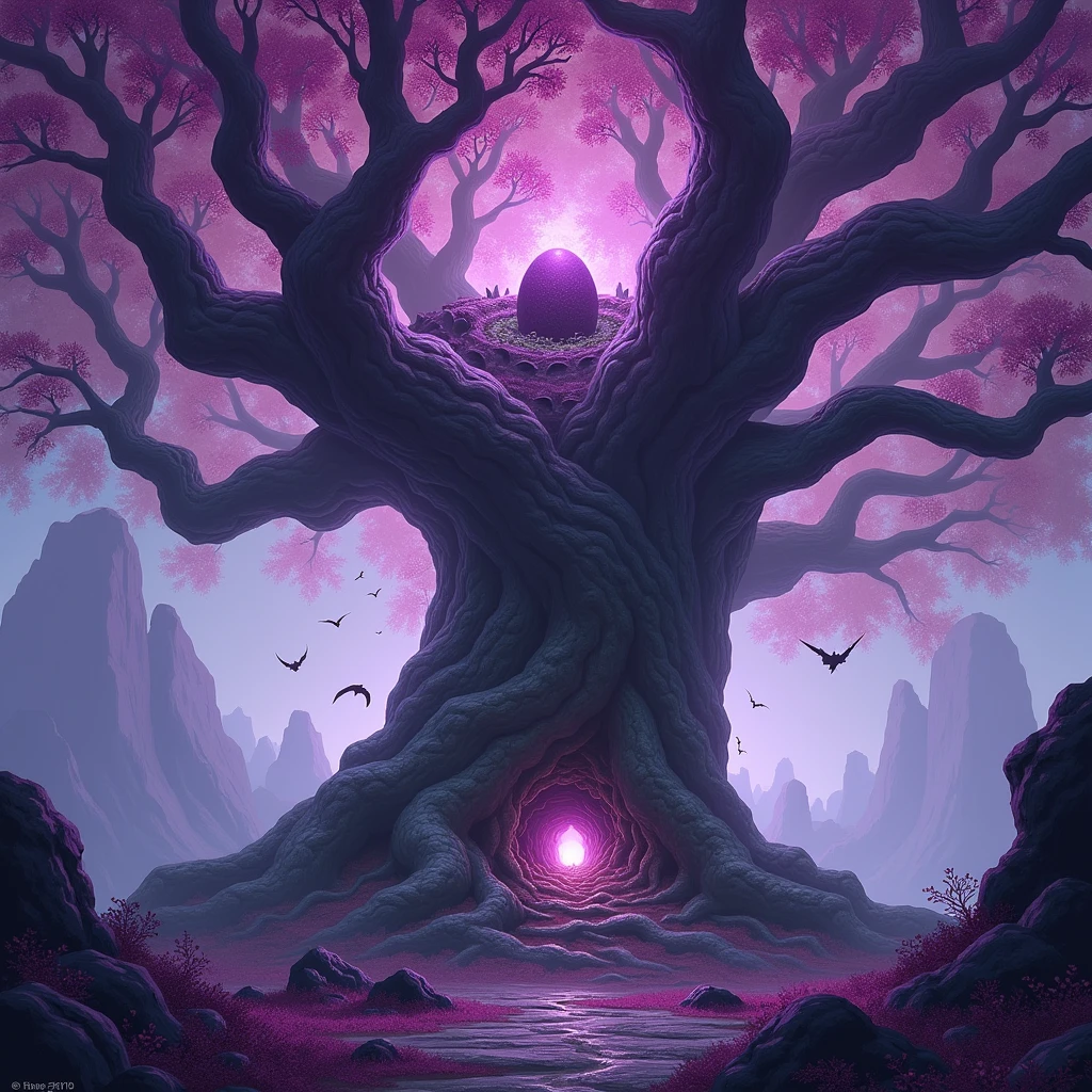 A terrifying, majestic, and ancient tree. Its branches hang down to the ground. Dragon eggs are nestled in its branches. The tree's leaves and the forest are purple. DnD fantasy style art.