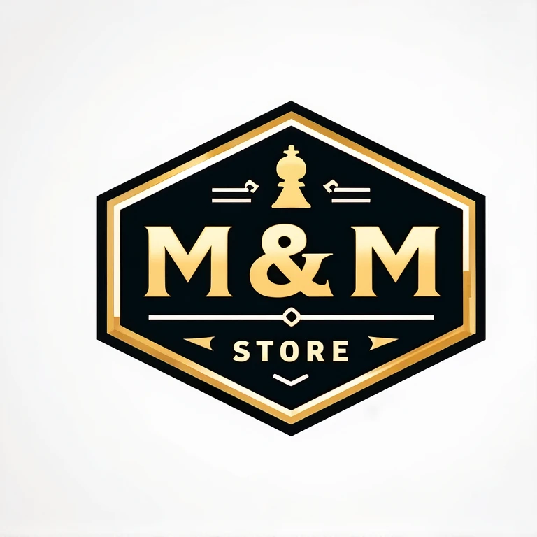 Design a logo for 'M&M Store,' a specialty board game shop. The logo should reflect the fun, strategy, and community aspects of board gaming. Consider the following concepts: Classic and Strategic: Incorporate elements like chess pieces (e.g., knight or rook) and use a sophisticated color palette of black, gold, and white. The typography should be serif and evoke a traditional, trusted feel. The logo should feel elegant and refined. For all versions, ensure the text 'M&M Store' is prominent, with an optional tagline 'Boardgames & Strategy' or 'Fun & Games for Everyone' depending on the theme. The logo should work well in both digital and print formats.