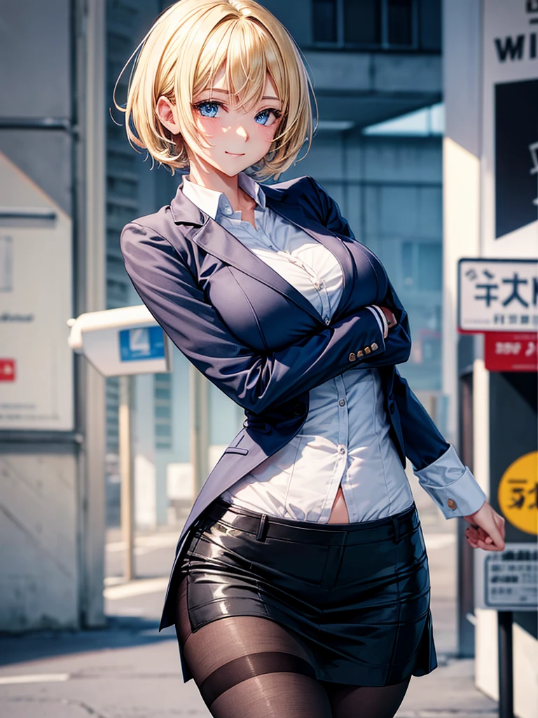 Anime style, super fine illustration, highly detailed, beautiful detailed, perfect detailed, super high quality image, static representation, gentle expression, happy expression, the pretty image, super stylish, 8k, beautiful face, handsome face, perfect & pretty 1girl with blonde straight short hair & blue eyes & a bright smile & full bust & soft fair skin is a career woman supervisor who is not to show her skin wearing big light blue business shirt & black summer tailored jacket & black tight skirt & black pantyhose on the urban business buildings street, in the morning, solo, perfect fingers, no more fingers, no less fingers, perfect arms, no more arms, perfect legs, no more legs, no more hair, masterpiece.