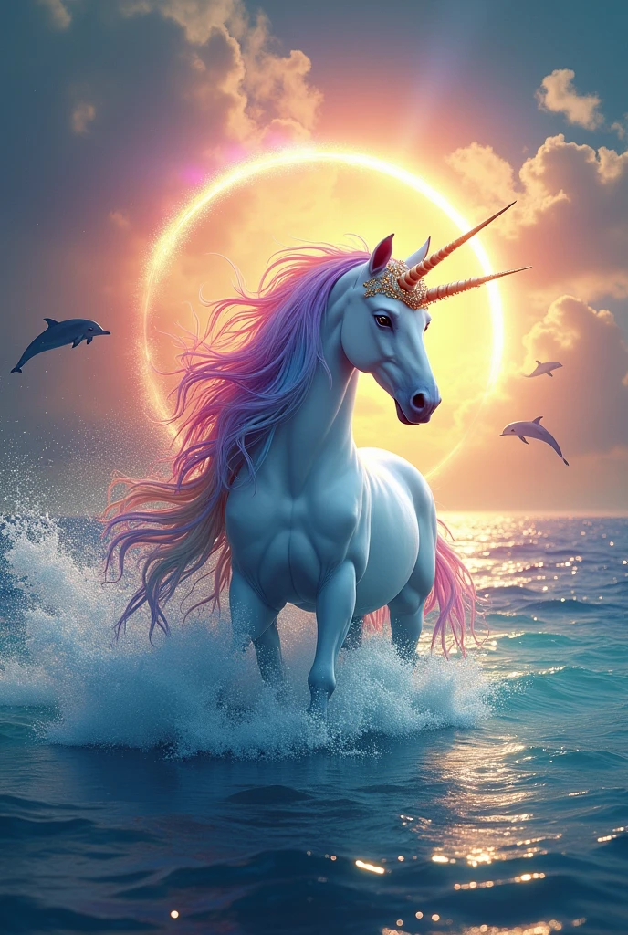 Unicorn with colorful hair and a crown on its head in a sea with dolphins and a solar eclipse and lots of glitter and a rainbow