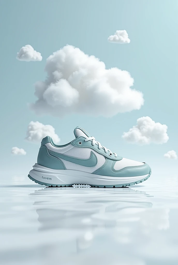 Create a sneaker where there is a cloud with the name "tuvem" small on the side of the sneaker as a mark