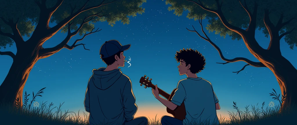 Two young men in sweatshirts under a tree looking at the stars, one wearing a cap smoking and the other with curly hair playing the guitar