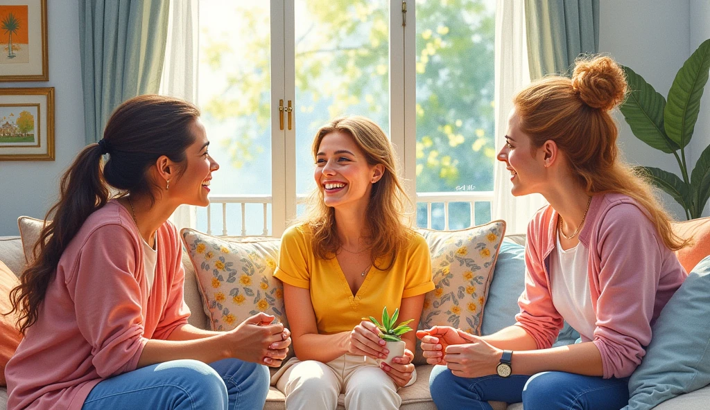 watercolor art person in his home talking to people very happy in a beautiful house