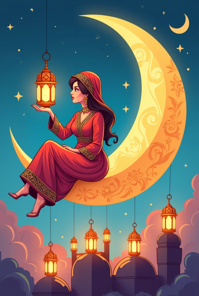 Cartoon vector drawing of colorful line art, create a logo of a yellow crescent moon decorated with Ramadan ornaments, sitting on it is a beautiful  wearing an Arabic dress decorated with Arabic ornaments and holding a lit Ramadan lantern in her hand. Below the crescent there are clouds and a drawing of lantern characters, a high-detail vector drawing 