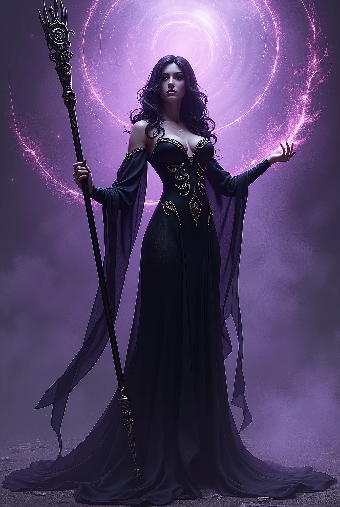 (masterpiece, photorealistic:1.4, extremely intricate:1.3), (photon mapping, radiosity, physically based rendering, ultra resolution, hyper-realistic, photorealistic:1.4, hyper-realistic, 8K), (((glossblack hair, buxom Sylph, large breasts))) purple black sorceress, staff raised, shadow power
