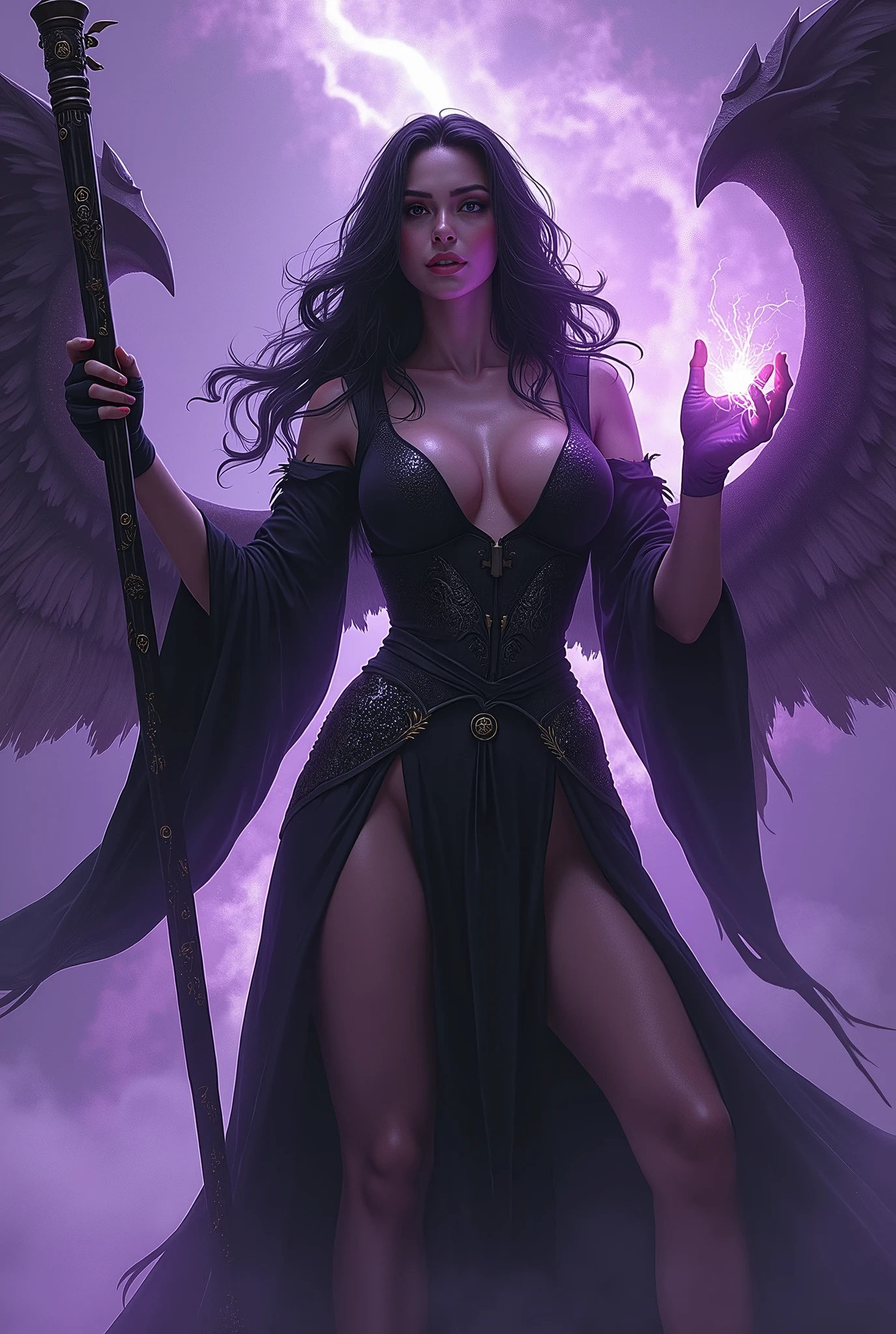 (masterpiece, photorealistic:1.4, extremely intricate:1.3), (photon mapping, radiosity, physically based rendering, ultra resolution, hyper-realistic, photorealistic:1.4, hyper-realistic, 8K), (((glossblack hair, buxom Sylph, large breasts))) purple black sorceress, staff raised, shadow power