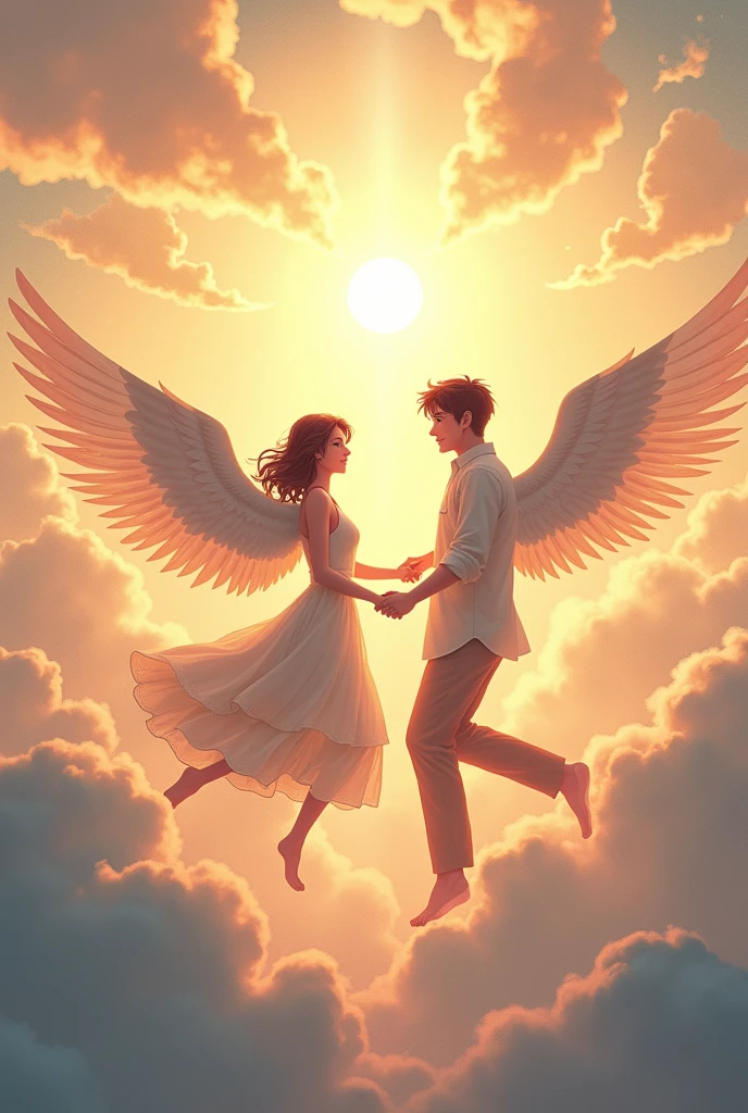 Very detailed image of a couple, man and woman, of anime-style angels dancing on the clouds .amidst the brightness of the sun 