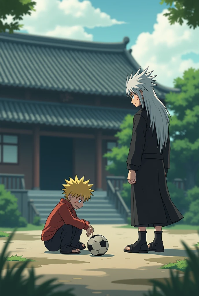 Naruto Uzumaki from the anime Naruto as an  boy sadly playing with a ball in front of the Shinobi Academy Anime,  And his teacher Jiraiya from Naruto consoles him. 