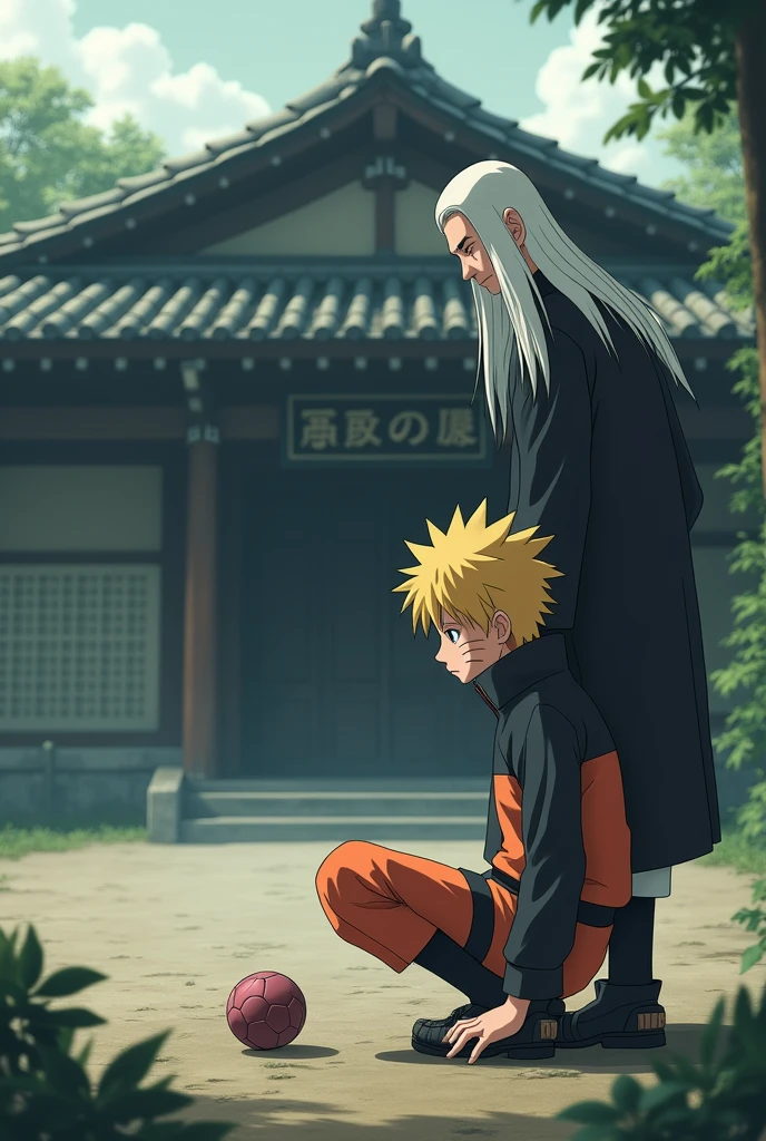 Naruto Uzumaki from the anime Naruto as an boy sadly playing with a ball in front of the Shinobi Academy Anime, And his teacher Jiraiya from Naruto consoles him.