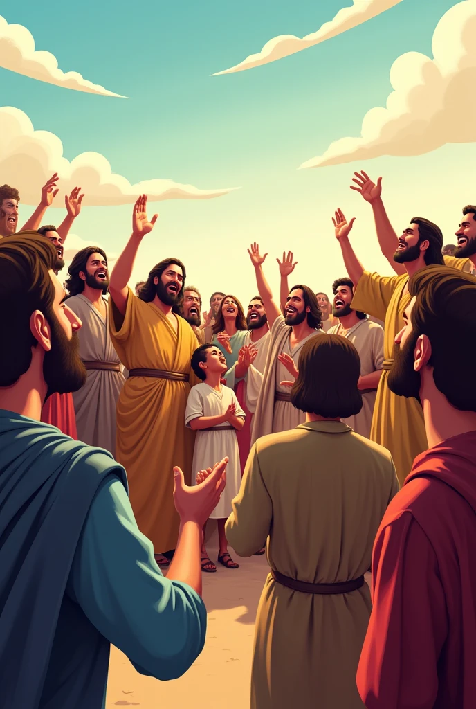 Image of the people of Israel worshipping God from the Bible cartoon