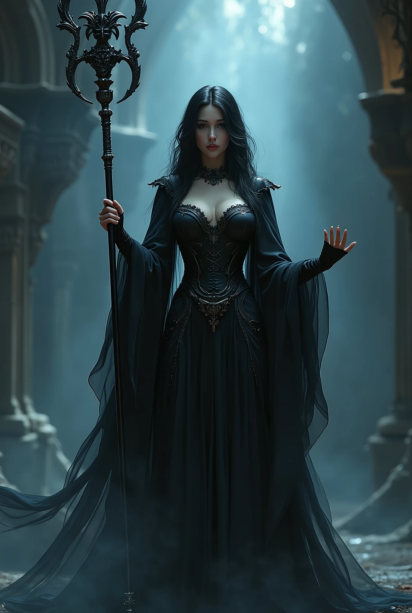 (masterpiece, photorealistic:1.4, extremely intricate:1.3), (photon mapping, radiosity, physically based rendering, ultra resolution, hyper-realistic, photorealistic:1.4, hyper-realistic, 8K), (((glossblack hair, buxom Sylph, large breasts))) purple black sorceress, staff raised, shadow power