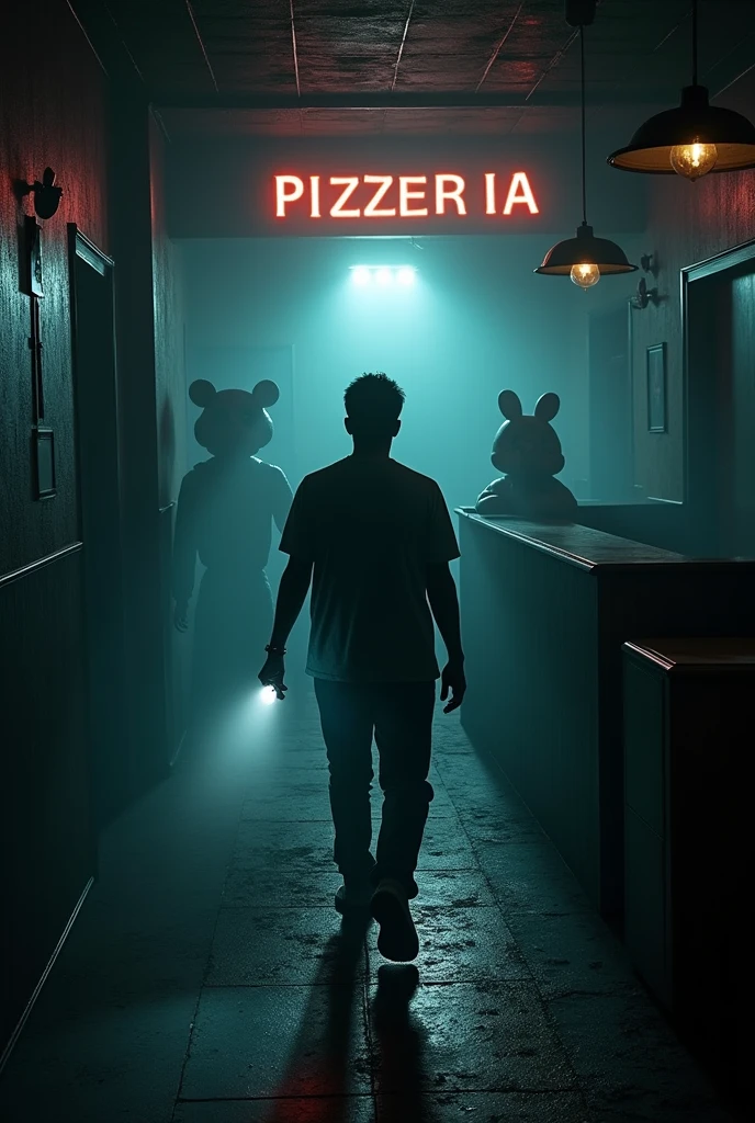 abandoned pizzeria, first person perspective a night guard holding a flashlight appears only one arm,with scary animal animatronics inspired by the game Five Nights at Freddy's low light in the environment,