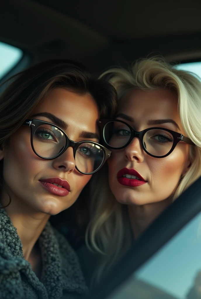 (4K UHD ultra-detailed RAW photo), Pin-up Italian women 45 yo, glasses, very drunk, in car (4K, high resolution, best quality), (close-up:1.3)