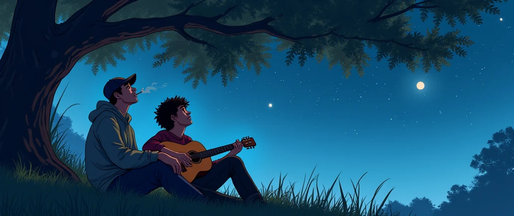 Two young men in sweatshirts under a tree looking at the stars, one wearing a cap smoking and the other with curly hair playing the guitar 