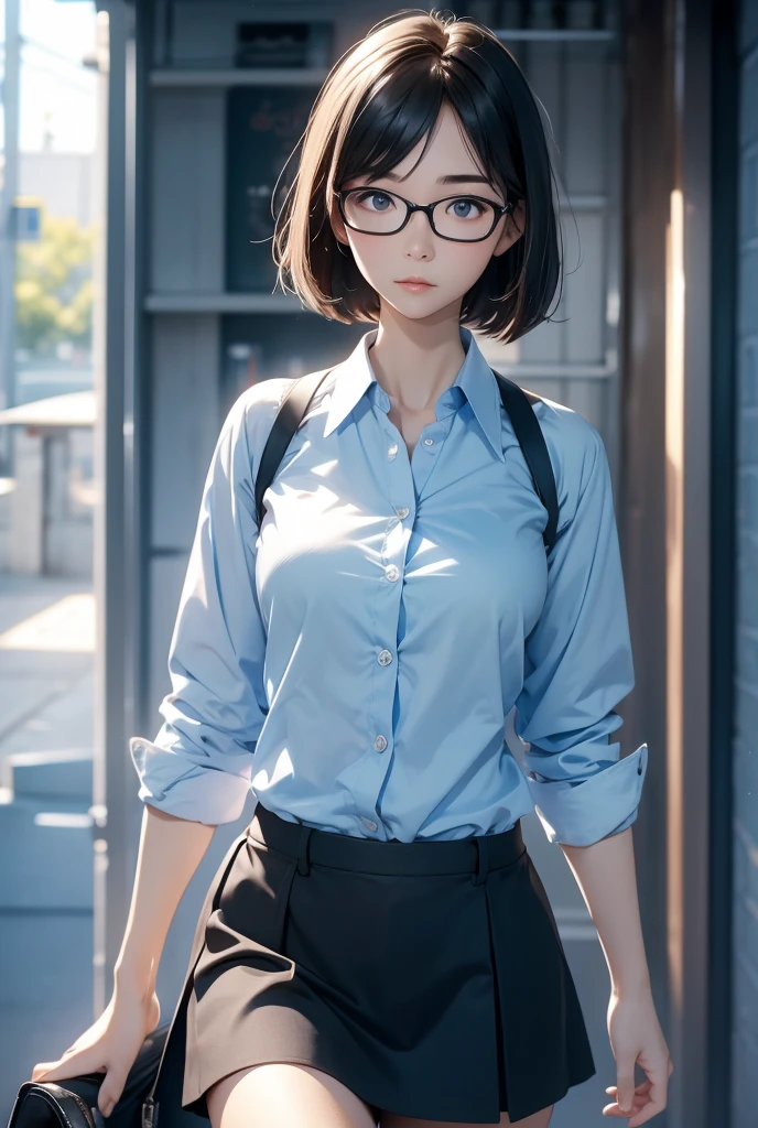 Alone, 1 adult girl, medium breasts, short hair, japanese, glasses, light blue shirt slightly open, elegant black skirt for work, at work 