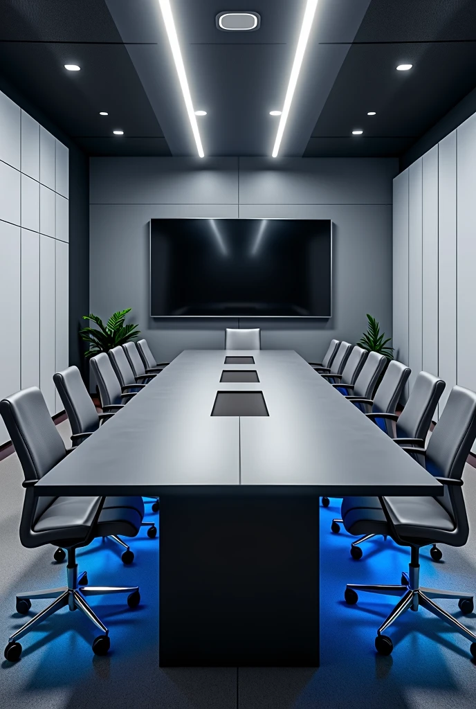 Office with 10-seat conference table in grey with white cabinets and blue lighting below, Grey and black walls and two televisions in front of the table 
