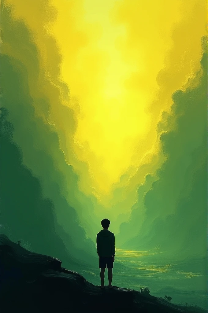 An abstract book cover with a focus on introspection and youth. The main scene features a silhouette of a young person standing at the edge of an abstract, vast landscape. The background is a blend of deep green and bright yellow hues, with swirling, painterly patterns representing thoughts and emotions. The silhouette is contemplative, looking into the distance. The overall composition is dreamy and reflective, with a mix of warm and cool tones. Use a painterly style with soft, glowing edges and a sense of depth.