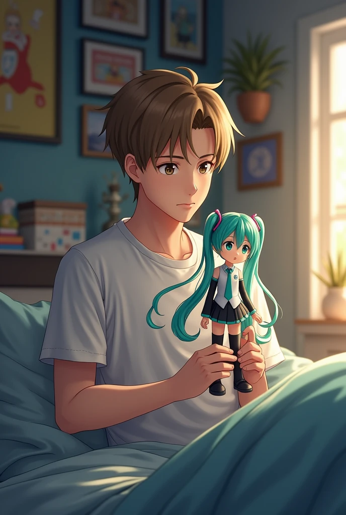 I want you to generate me an image of a white male holding a miku hatsune dool in his hands in his bedroom