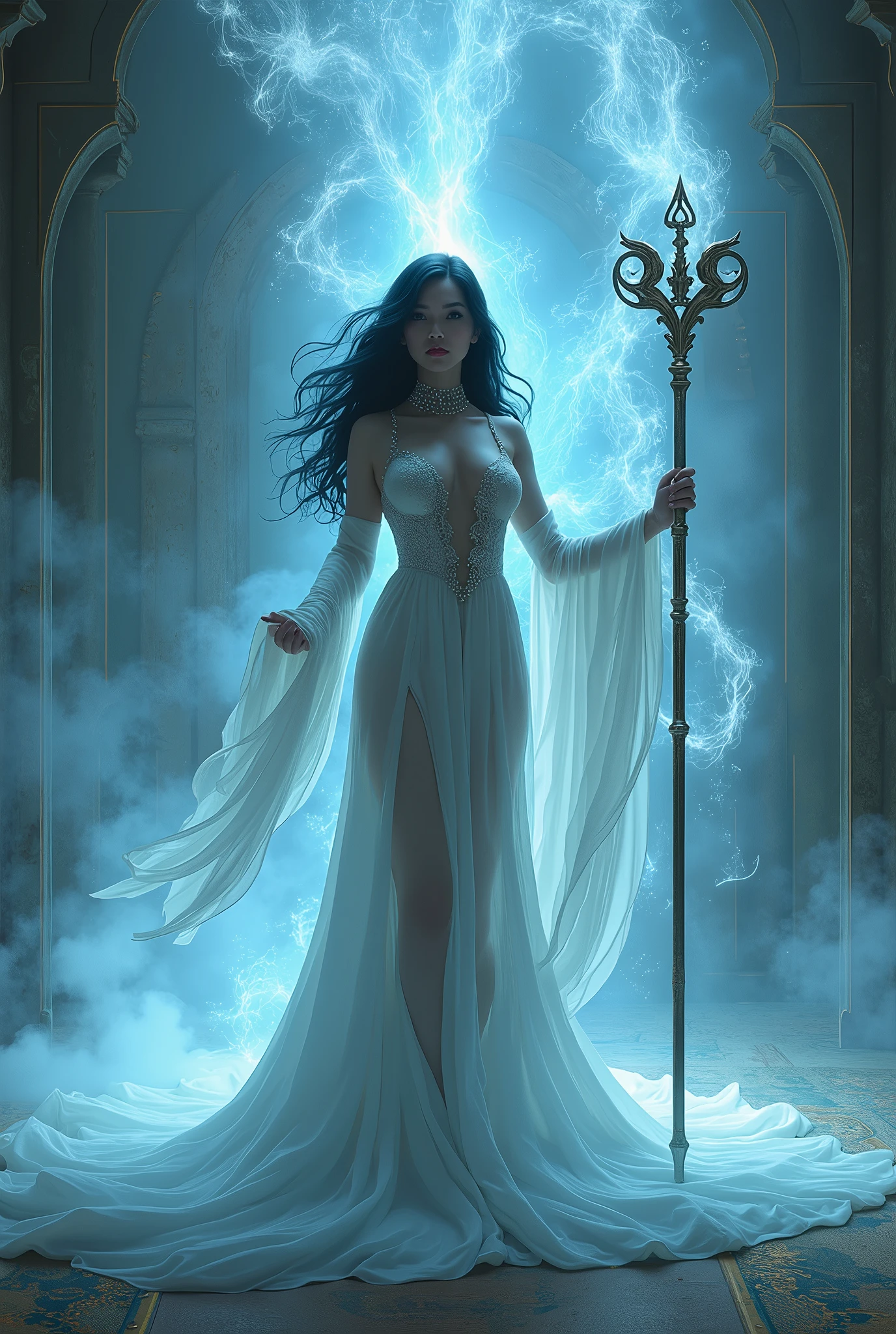 (masterpiece, photorealistic:1.4, extremely intricate:1.3), (photon mapping, radiosity, physically based rendering, ultra resolution, hyper-realistic, photorealistic:1.4, hyper-realistic, 8K), (((glossblack hair, buxom Sylph, large breasts))) purple black sorceress, staff raised, radiant ghost power