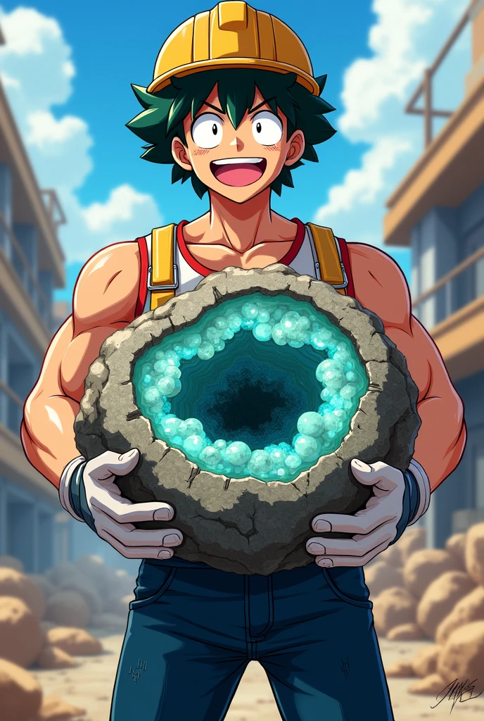 My hero academia artsyle, izuku midoriya, holding a massive rock geode in his arms, wearing a construction helmet and a shirt, facing the front, happy expression on his face, athletic