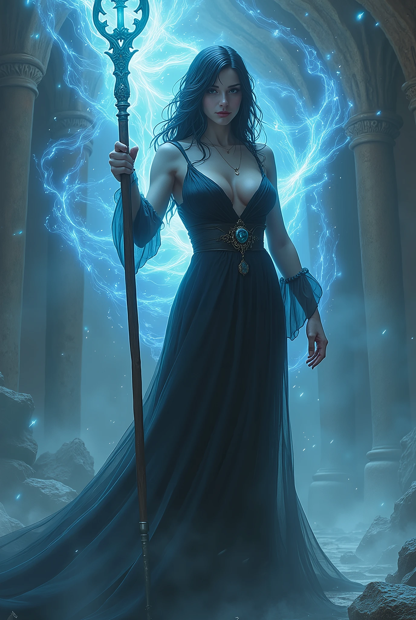 (masterpiece, photorealistic:1.4, extremely intricate:1.3), (photon mapping, radiosity, physically based rendering, ultra resolution, hyper-realistic, photorealistic:1.4, hyper-realistic, 8K), (((glossblack hair, buxom Sylph, large breasts))) purple black sorceress, staff raised, radiant ghost power