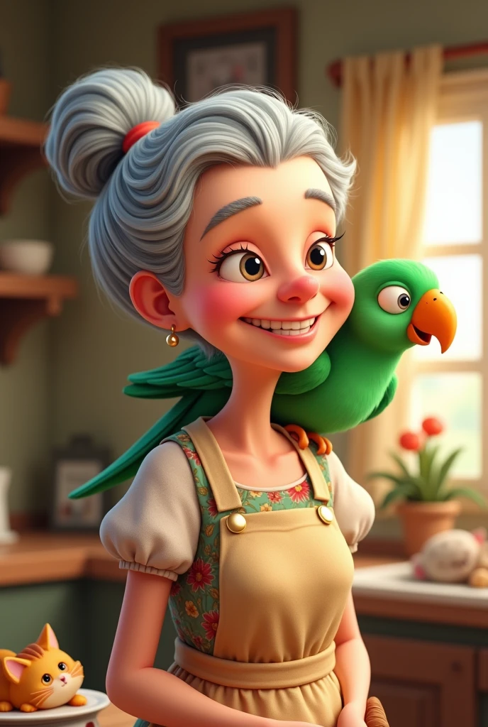Cartoon Grandma with green parrot