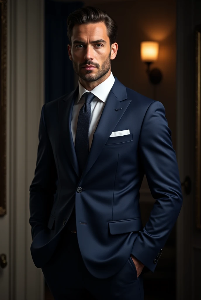 a man wearing an italian style navy blue wool hopsack suit, peak lapels, single breasted, tailored, unconstructed, formal attire, elegant, sophisticated, dapper, well-groomed, formal, serious expression, looking at camera, studio lighting, dramatic shadows, high-quality, photorealistic, 8k, hyper-detailed