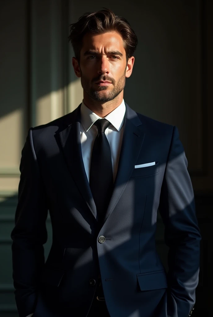 a man wearing an italian style navy blue wool hopsack suit, peak lapels, single breasted, tailored, unconstructed, formal attire, elegant, sophisticated, dapper, well-groomed, formal, serious expression, looking at camera, studio lighting, dramatic shadows, high-quality, photorealistic, 8k, hyper-detailed