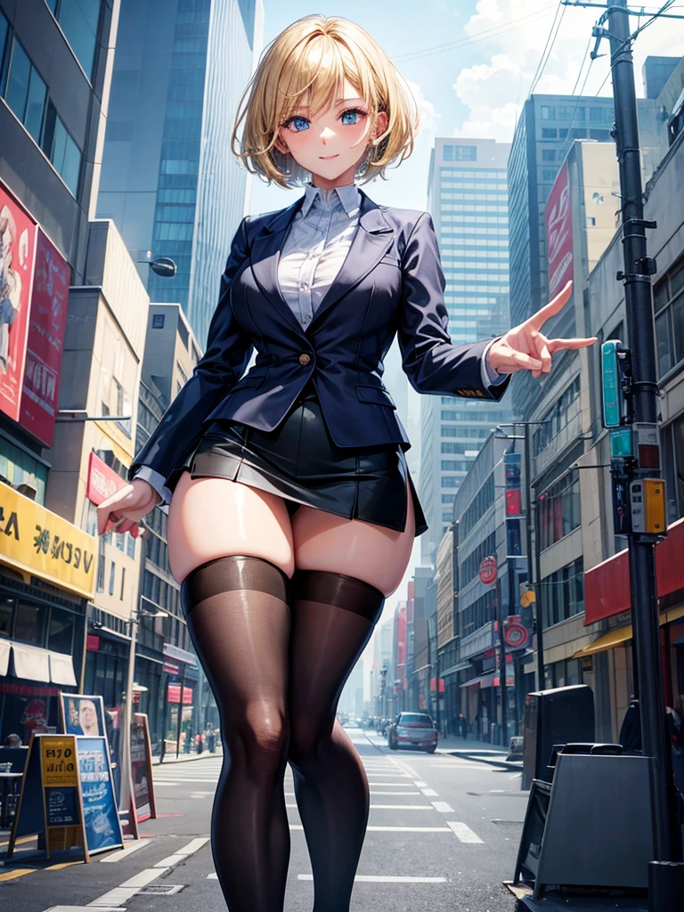 Anime style, super fine illustration, highly detailed, beautiful detailed, perfect detailed, super high quality image, static representation, gentle expression, happy expression, the pretty image, super stylish, 8k, beautiful face, handsome face, perfect & pretty 1girl with blonde straight short hair & blue eyes & a bright smile & full bust & soft fair skin is a sexy career woman supervisor who is not to show her skin wearing big light blue business shirt & black summer tailored jacket & black tight skirt & black pantyhose on the urban business buildings street, in the morning, solo, perfect fingers, no more fingers, no less fingers, perfect arms, no more arms, perfect legs, no more legs, no more hair, masterpiece.
