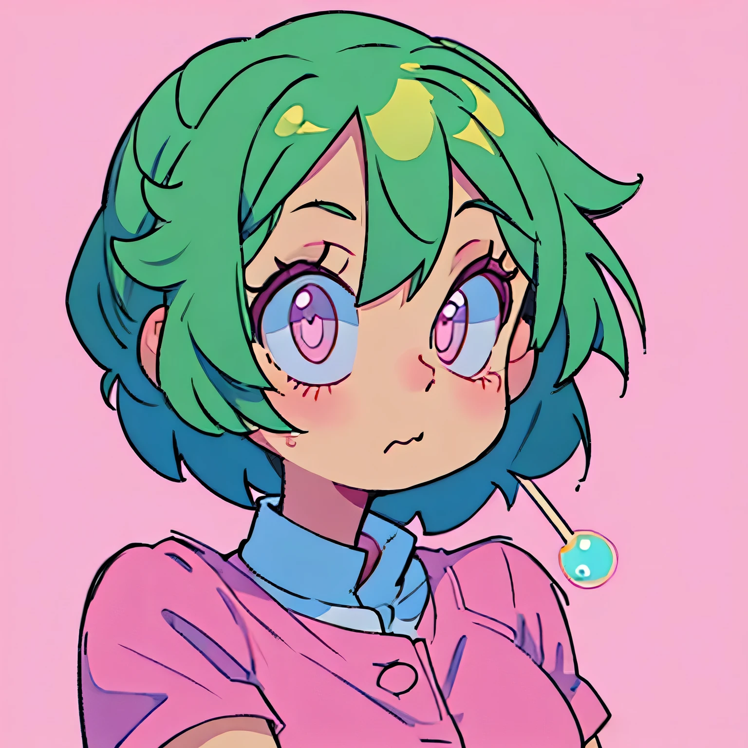 one cute anime girl short green hair and pink eyes intrigued looking face staring left with a lolipop in mouth no background