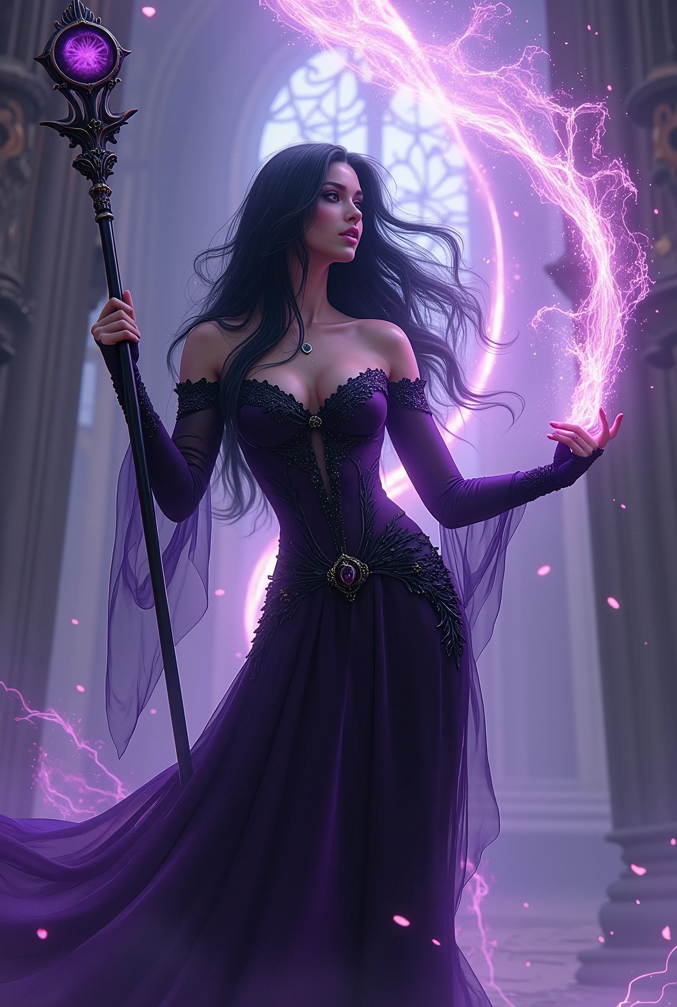 **Full body digital painting of a gorgeous and beautiful Mexican model with long, loose brown hair, styled in a way that appears to be in motion, full crimson lips and large, expressive eyes. She is surrounded by a soft, ethereal light in shades of purple and violet. A very intense and dark black background contrasts and accentuates the beautiful silhouette of the beautiful model. Capturing light and texture, high resolution, mysticism + coherent and ultra-realistic**