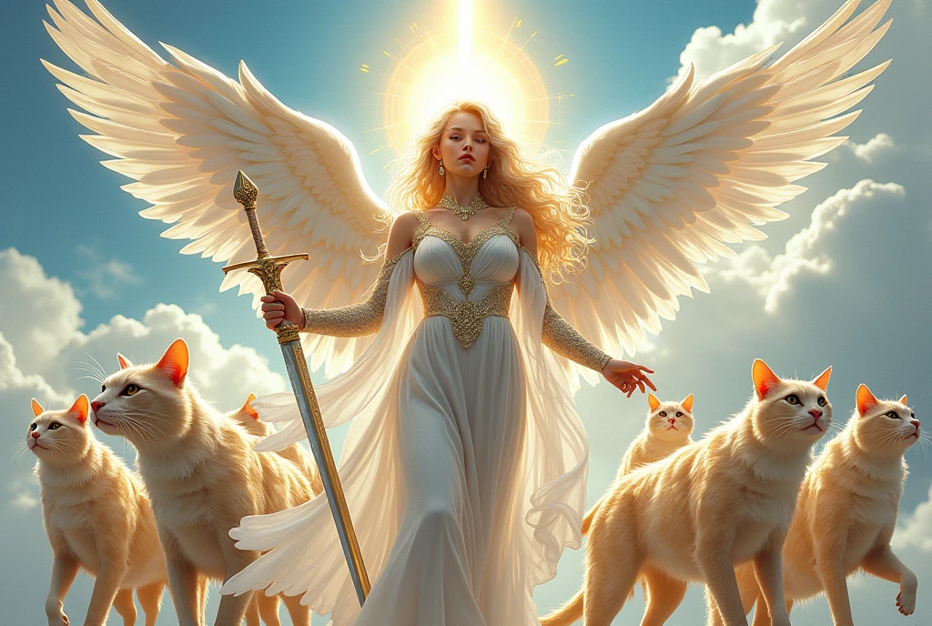 Very beautiful woman angel, Angel Halo,  whole body, magic the gathering art, radiant Color, clouds, Graphic Style, (Manga influence:1.3), Beautiful line drawing, Impressive visuals, drawing long sword and commanding an army of flying cat with angel wings.