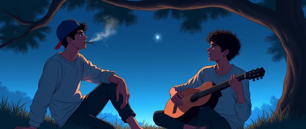 Two young men in sweatshirts under a tree looking at the stars, one with a cap smoking and the other with curly hair playing the guitar with a space or in the middle above 