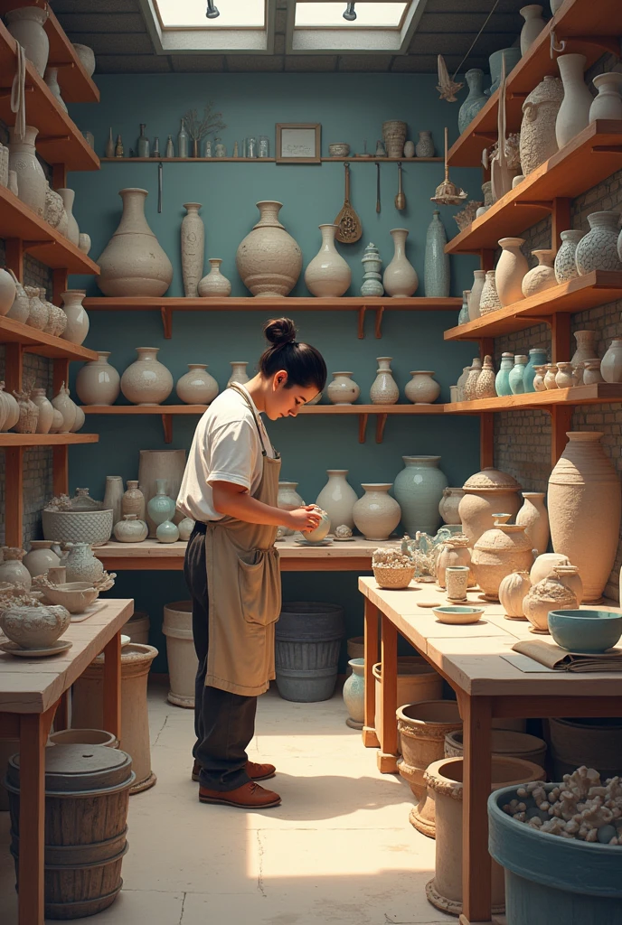 craft studio, many ceramics, ceramic products is being created, worker, 