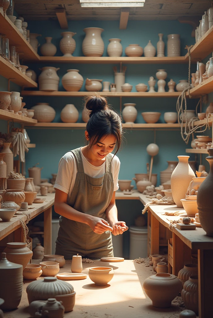craft studio, many ceramics, ceramic products is being created, worker,