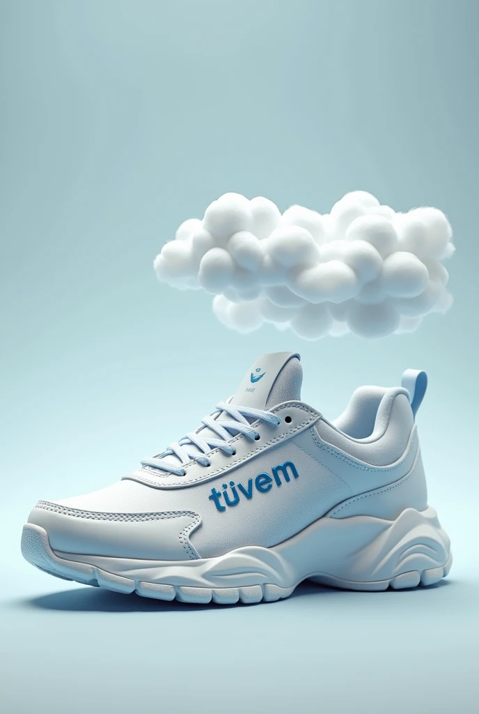 Create a sneaker where there is a cloud with the name "tuvem" small on the side of the sneaker as a mark
