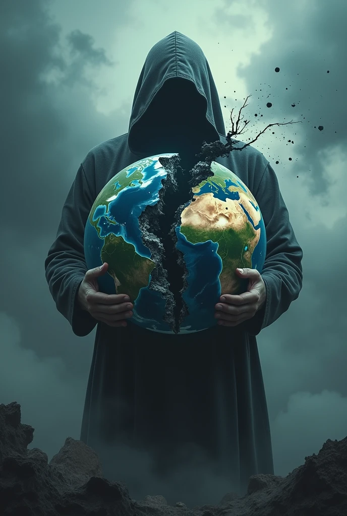  a lifeless Earth splitting in half, with the silhouette of a hooded figure behind the Earth, your hands holding the planet, (best qualityer, 4K, 8k, high resolution, Masterpiece artwork: 1,2), ultradetailed, (realisitic, fotorrealisitic, fotorrealisitic: 1,37), cinematic lighting, dramatic lighting, apocalyptic, ダークファンタジー, subdued colors, desaturated, Coraggioso, threatening, dramatic sky, Stormy sky, temperamental atmosphere, highy detailed, details Intricate, awardwinning