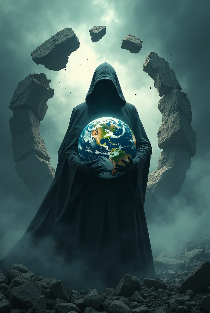 a lifeless Earth splitting in half, with the silhouette of a hooded figure behind the Earth, your hands holding the planet, (best qualityer, 4K, 8k, high resolution, Masterpiece artwork: 1,2), ultradetailed, (realisitic, fotorrealisitic, fotorrealisitic: 1,37), cinematic lighting, dramatic lighting, apocalyptic, ダークファンタジー, subdued colors, desaturated, Coraggioso, threatening, dramatic sky, Stormy sky, temperamental atmosphere, highy detailed, details Intricate, awardwinning