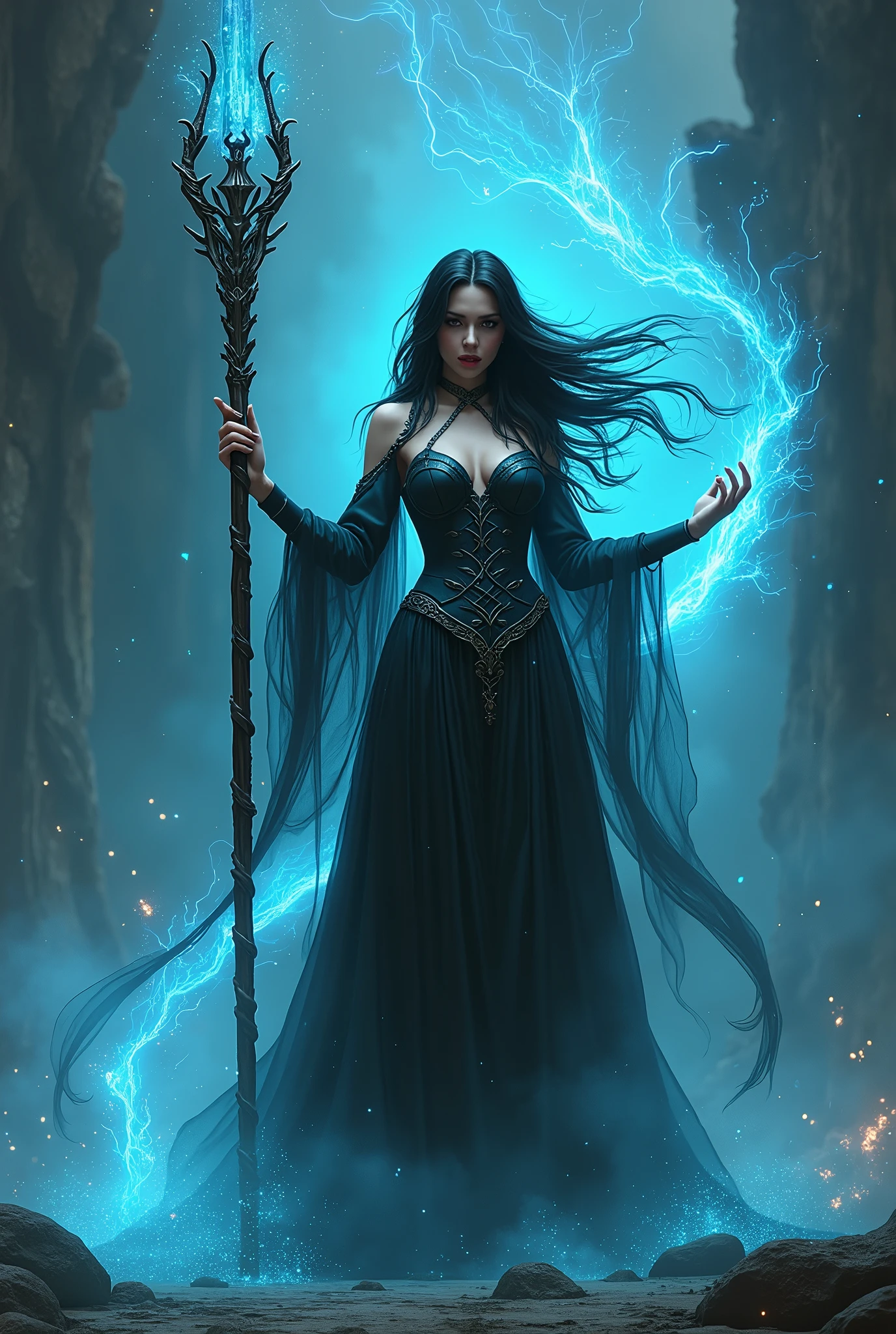 A Woman with a light in her hand and dark energy and has a cloak and dress made of leather