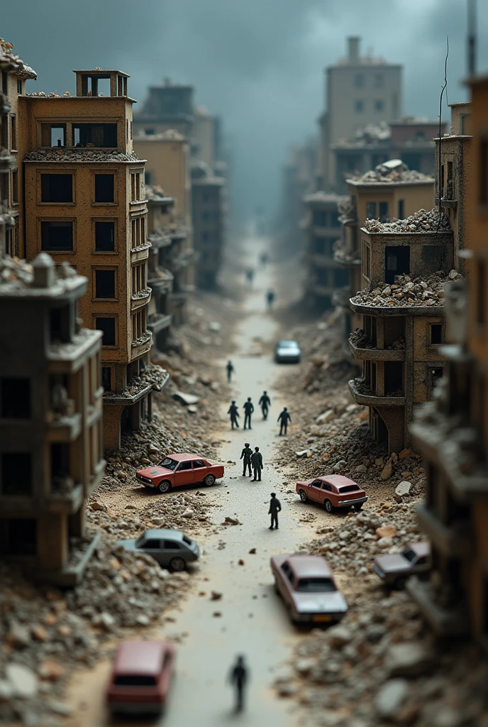 Create an image of a scale model of a bombed city, showcasing the aftermath of a war or air raid. The model should include destroyed buildings, rubble-strewn streets, crumbled walls, and scorched ground. Some buildings should be partially standing with exposed interiors, while others are completely flattened. Include details like burnt-out cars, scattered debris, and small figurines to represent survivors or emergency workers. The lighting should be dim, suggesting an overcast or smoky sky, adding to the sense of devastation and destruction. The model should look detailed and realistic, as if used in a historical diorama or museum