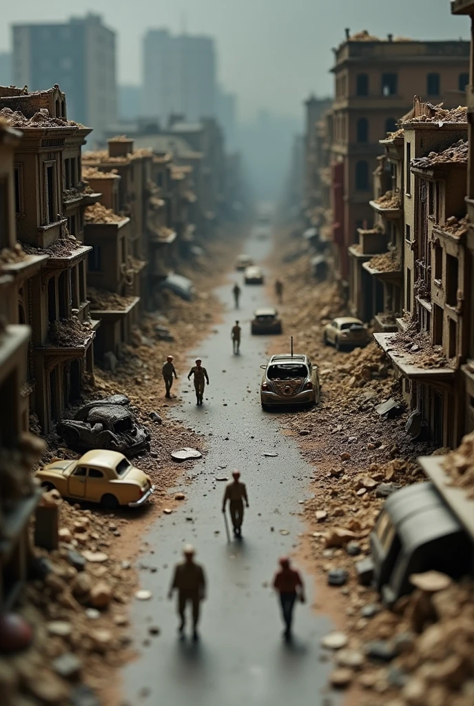 Create an image of a scale model of a bombed city, showcasing the aftermath of a war or air raid. The model should include destroyed buildings, rubble-strewn streets, crumbled walls, and scorched ground. Some buildings should be partially standing with exposed interiors, while others are completely flattened. Include details like burnt-out cars, scattered debris, and small figurines to represent survivors or emergency workers. The lighting should be dim, suggesting an overcast or smoky sky, adding to the sense of devastation and destruction. The model should look detailed and realistic, as if used in a historical diorama or museum