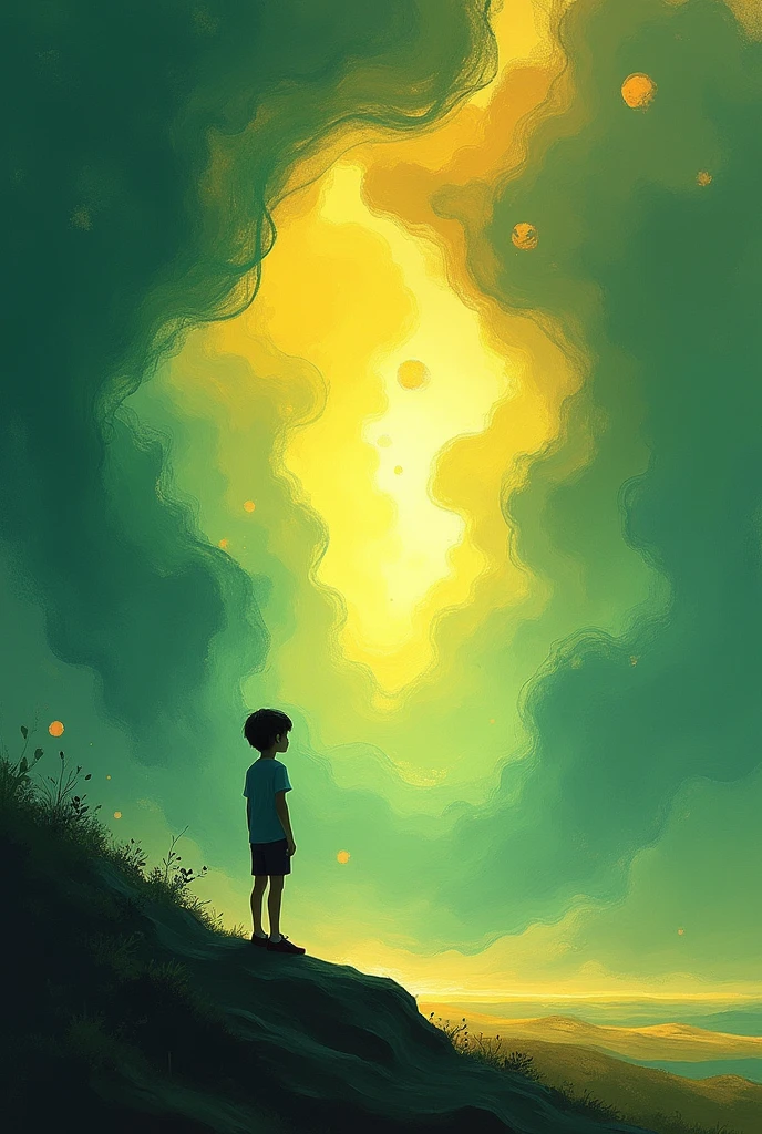 An abstract book cover with a focus on introspection and youth. The main scene features a silhouette of a young person standing at the edge of an abstract, vast landscape. The background is a blend of deep green and bright yellow hues, with swirling, painterly patterns representing thoughts and emotions. The silhouette is contemplative, looking into the distance. The overall composition is dreamy and reflective, with a mix of warm and cool tones. Use a painterly style with soft, glowing edges and a sense of depth. Swirling spirals, wind, spirals of paint
