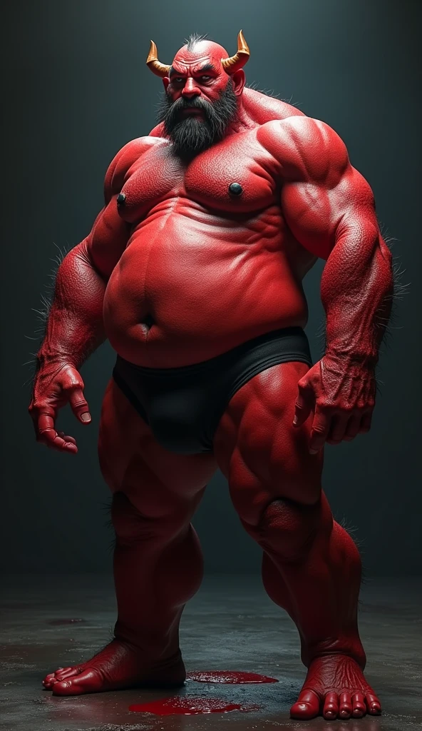 satan, red skin, standing ,standig split , chubby, hairy, hairy belly, Holding your big belly, high resolution, ultra-detailed, sharp focus, detailed eyes, symmetrical eyes, expressive eyes, clear pupils, focused gaze , king's expression is intimidating with a sense of authority, solo, masterpiece, best quality, male, mature, manly, detailed nipples, detailed navel, photorealistic, 8k, (wide dynamic range, hdr:1.2), sitting, (night:1.2), light, looking at viewer, pose, fitted underwear with a very large, realistic bulge at the front, emphasizing the natural shape, detailed fabric texture, soft shadows highlighting the contours, emphasizing the natural shape, detailed fabric texture, Blood, soft shadows highlighting the contours ,full body, leaning back, very short fur, detailed skin texture, high contrast lighting, feet