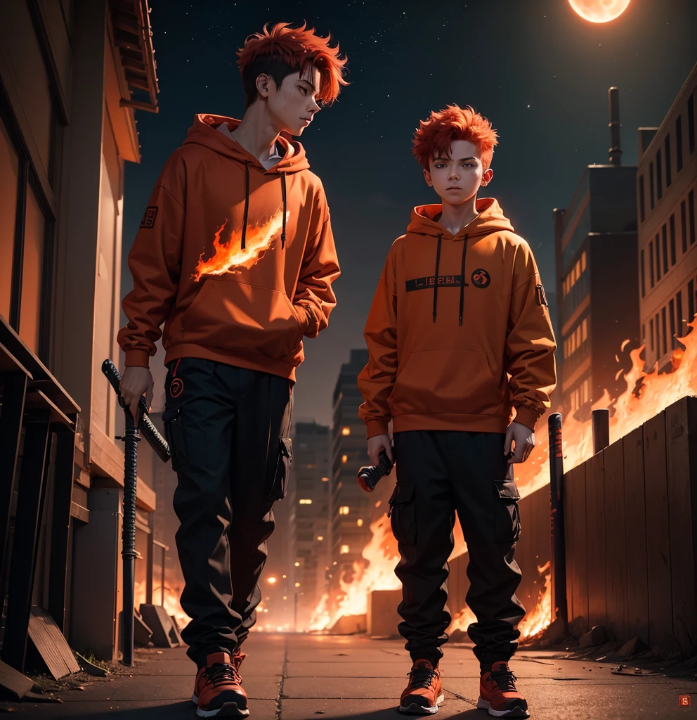 A boy, with red and massy hair posing with his orange hoodie and black buggy trouser and Katana, with the aura of fire. It is night. In background we can see modern buildings and bloody moon