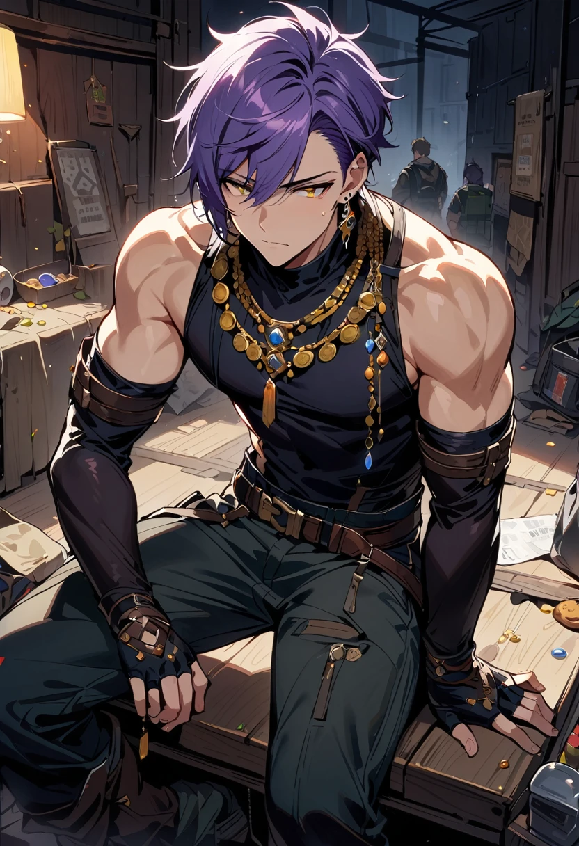 masterpiece, best quality,1 boy, male focus, shirt, alone, Gloves, sleeveless shirt, purple hair, yellow eyes, sleeveless, ahog, black shirt, Bangs, black Gloves, indoors, refuge, fingerless Gloves, black trousers, trousers, swept Bangs, boots, bare shoulders, short hair, elbow Gloves, muscle, ((((((jewelry, earrings, wearing a lot jewelry)))))), adventure clothes,  