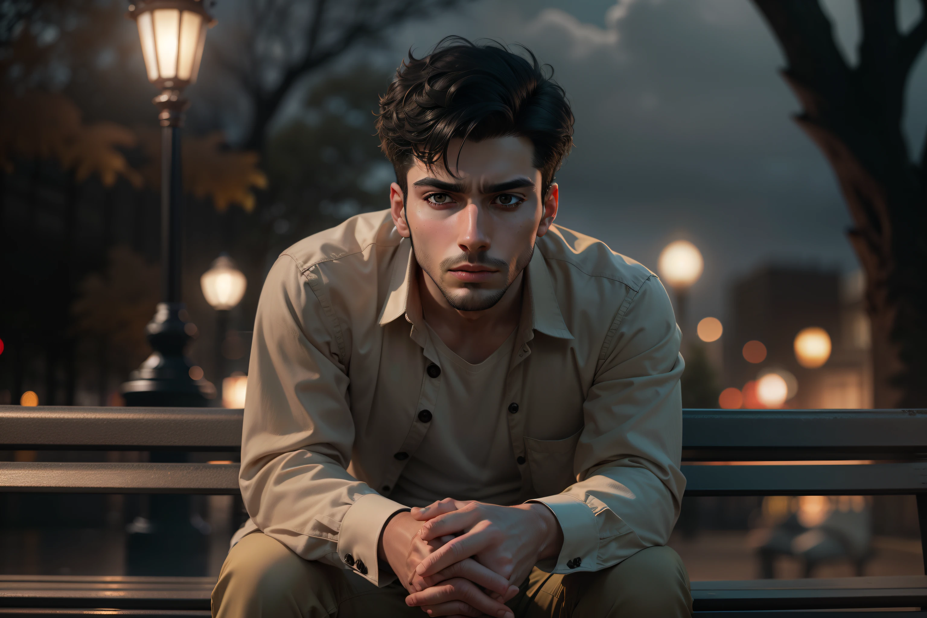 Image 8K ultra réaliste d'un homme mince de 25 ans, Les cheveux cours et noirs, vêtue d'une blouse boutonnée beige et d'un pantalon beige, expression de terreur, assise sur un banc de parc une nuit nuageuse